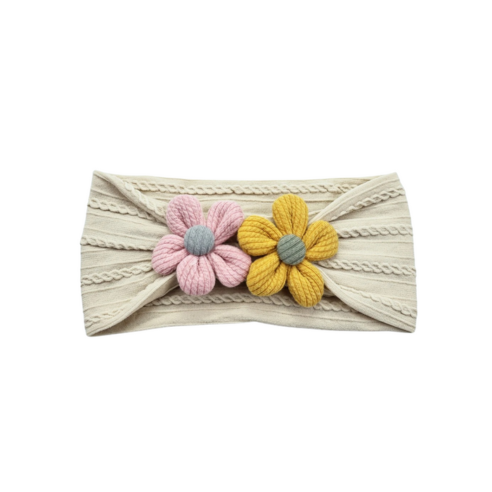 Plush Double Flower Baby Headband in Ivory